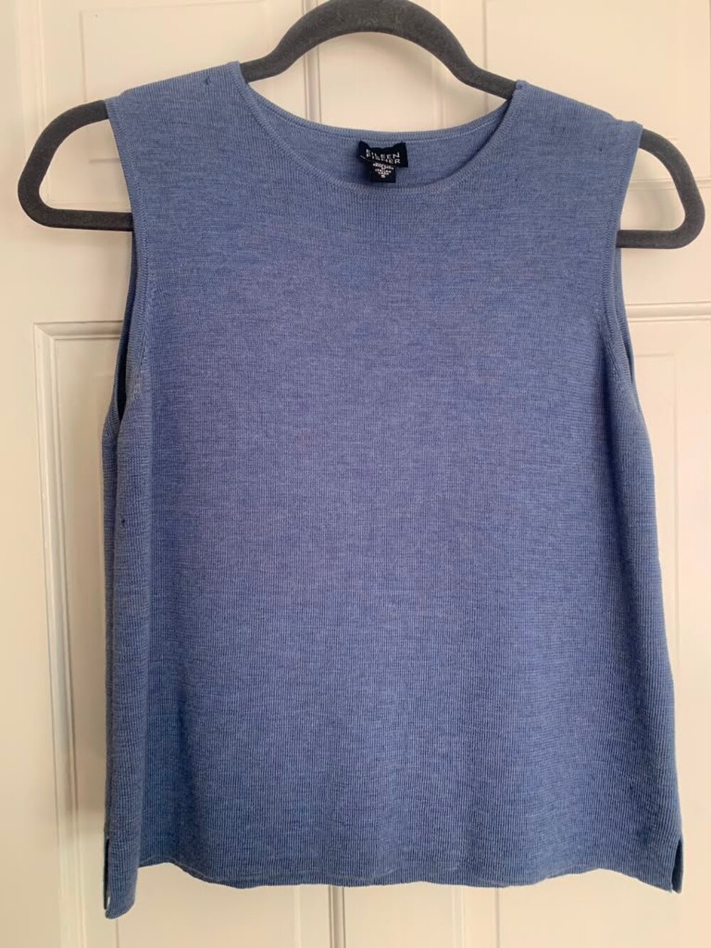 Eileen Fisher 100% Merino Wool Blue Sleeveless Round Neck Top Size Small